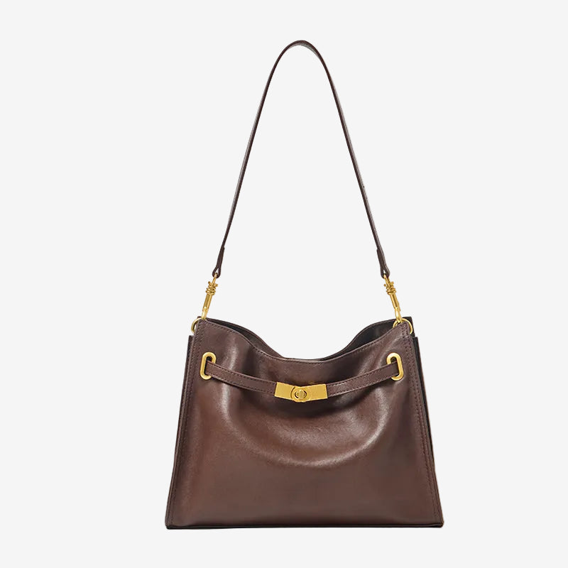 Cuirae  brown genuine leather hobo crossbody bag with gold turnlock hardware, front view on white background