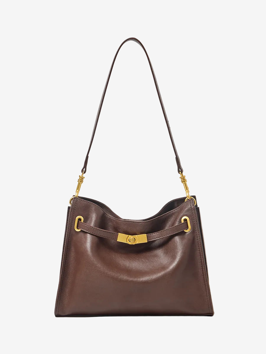 Cuirae  brown genuine leather hobo crossbody bag with gold turnlock hardware, front view on white background