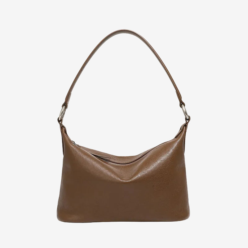 Cuirae brown genuine leather hobo shoulder bag for women with silver hardware, front view on plain white background