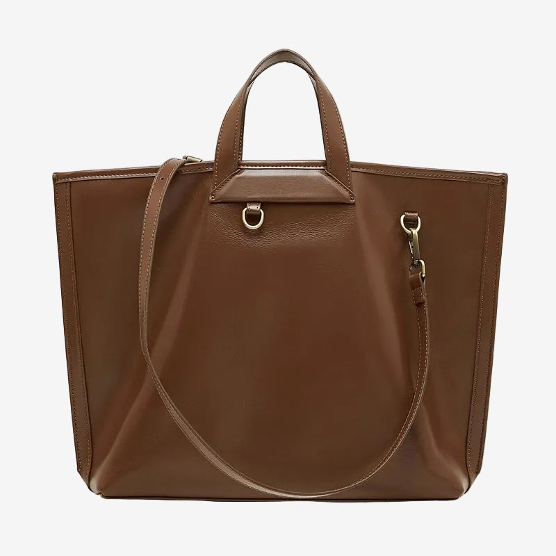 Cuirae brown genuine leather tote bag for women with top handles and detachable shoulder strap, front view on white background