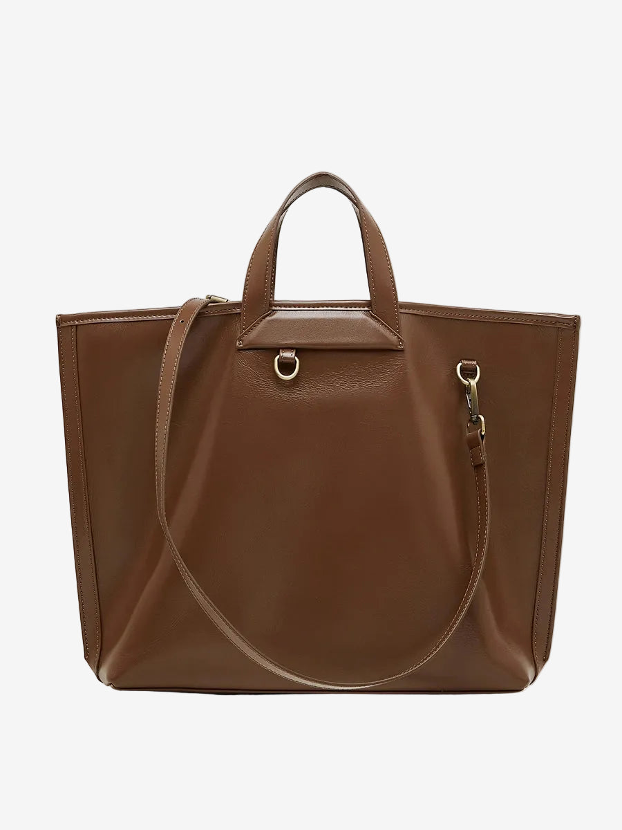Cuirae brown genuine leather tote bag for women with top handles and detachable shoulder strap, front view on white background