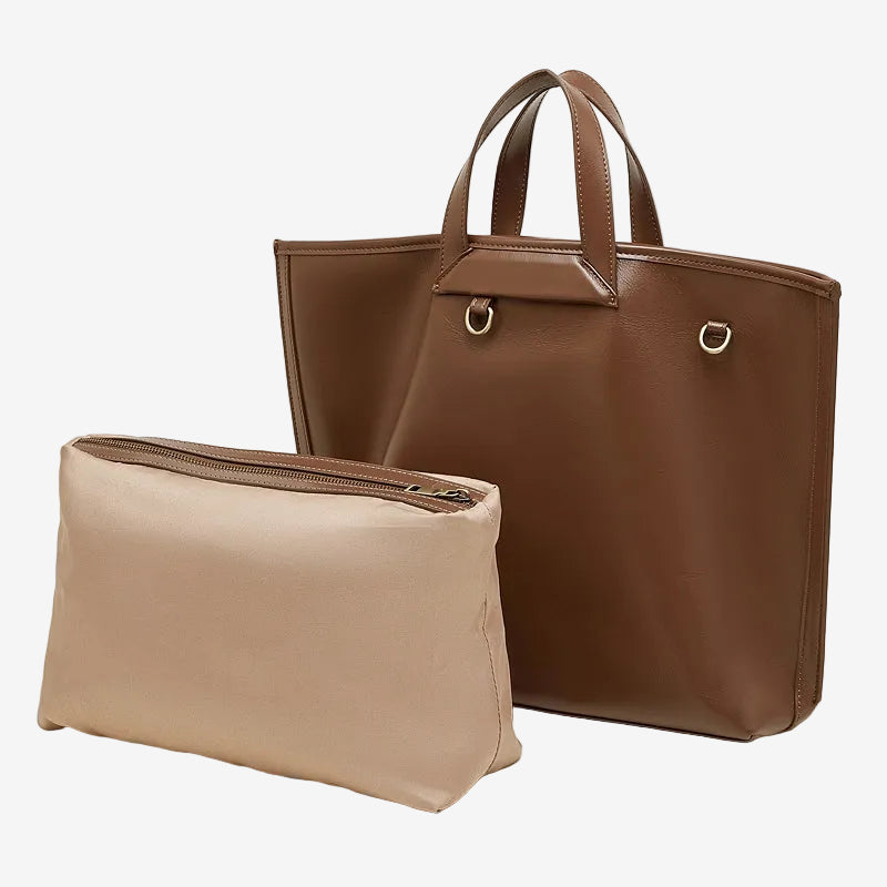 Cuirae brown genuine leather tote bag for women with detachable shoulder strap and matching beige pouch, front view on white background