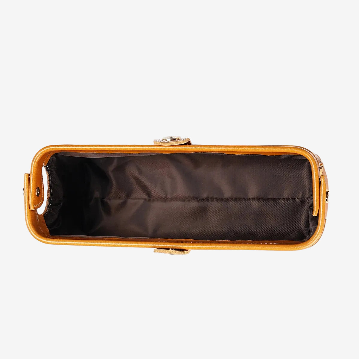 Cuirae brown glossy genuine leather makeup bag top view open, showing black fabric lining on white background