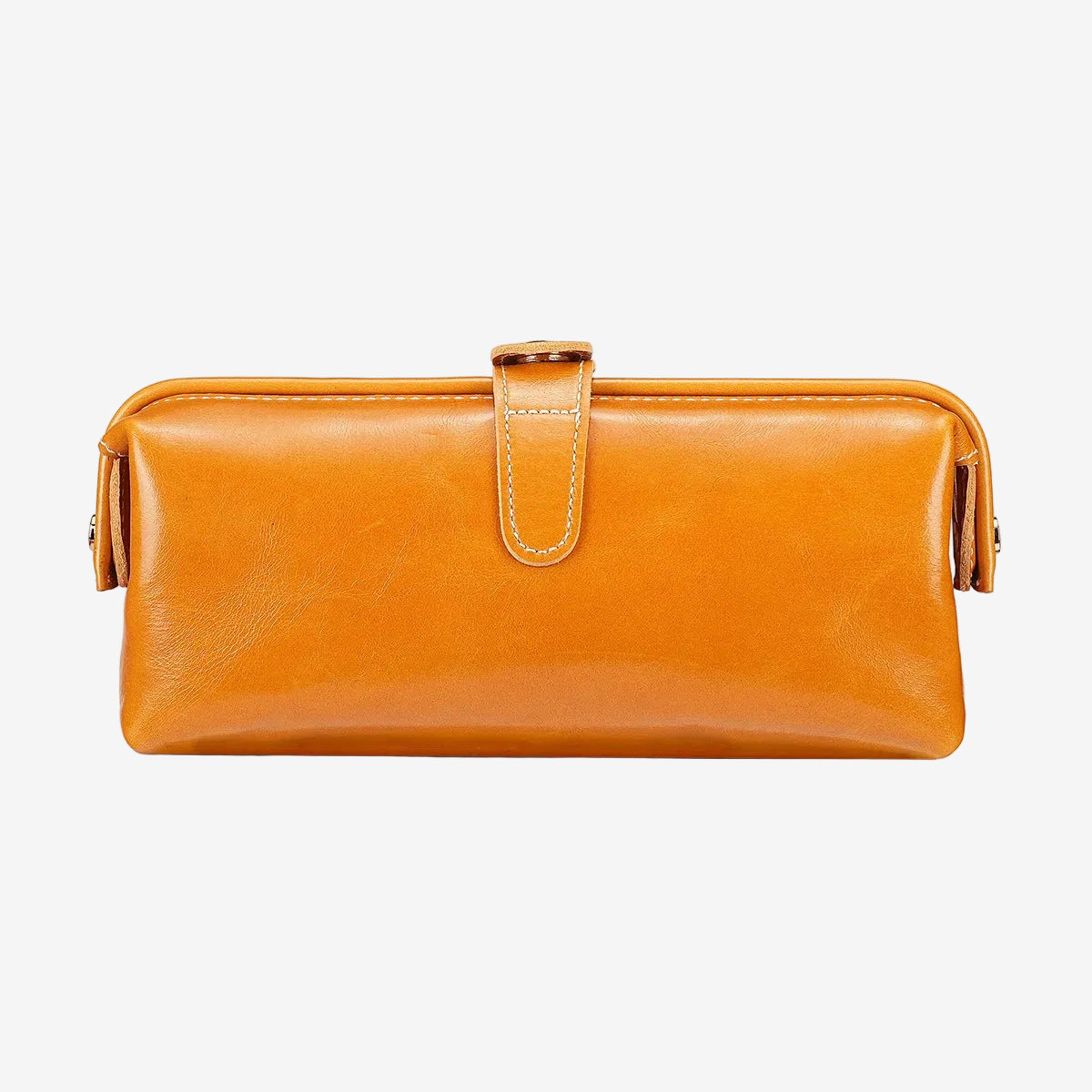 Cuirae brown glossy genuine leather makeup bag with buckle closure, front view on white background