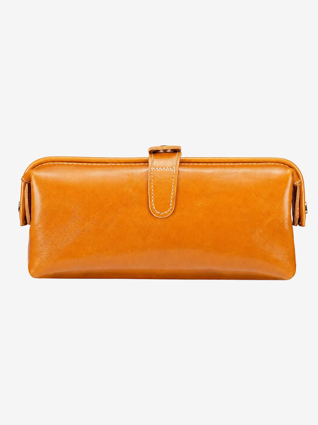 Cuirae brown glossy genuine leather makeup bag with buckle closure, front view on white background