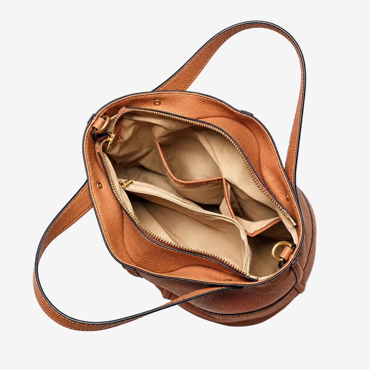Top view of a brown leather bucket bag showing its lining, interior zip pocket, and slip pockets