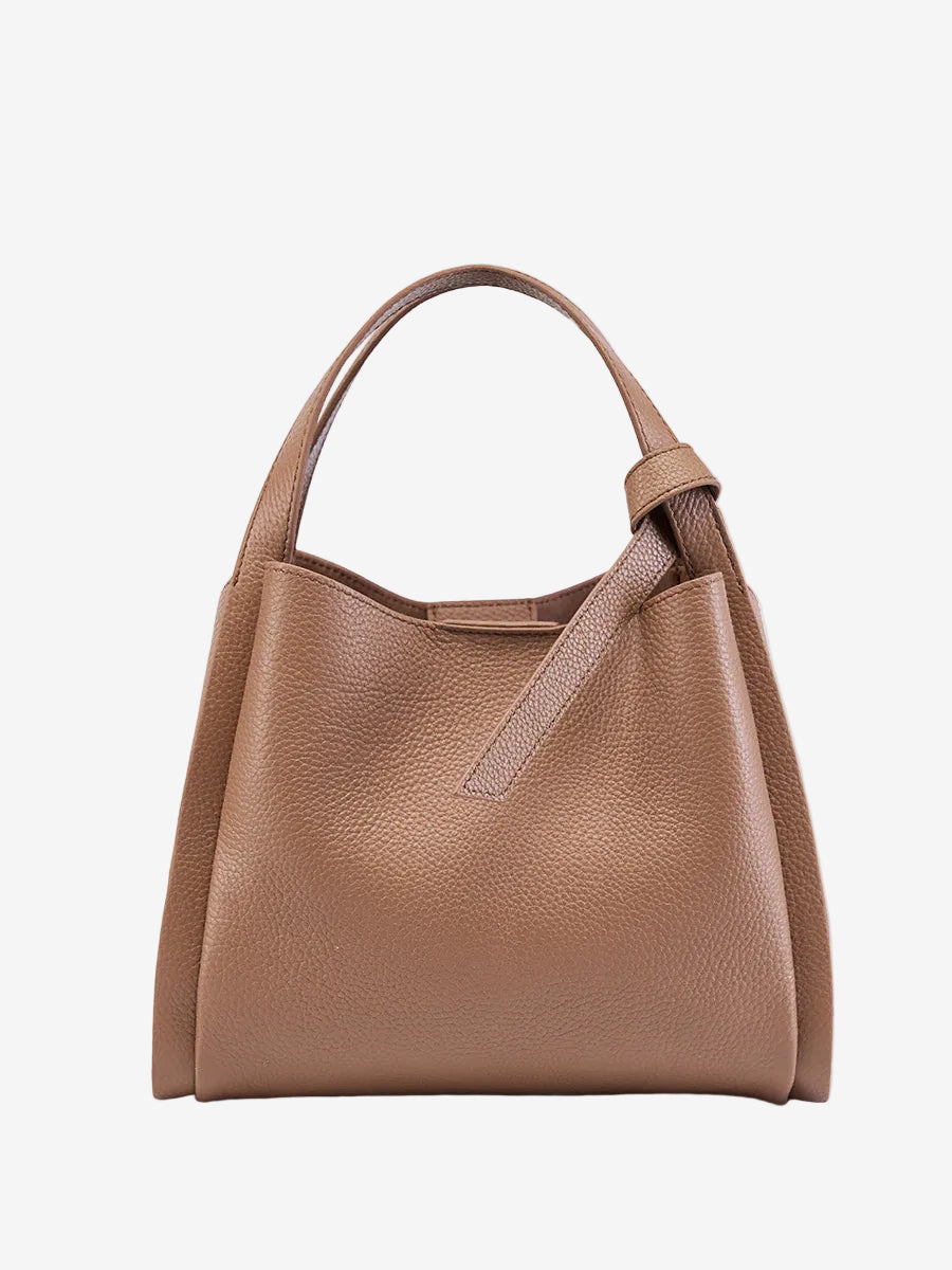 Cuirae brown pebbled genuine leather handbag with top handle and detachable shoulder strap, front view on white background