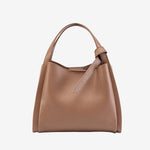 Cuirae brown pebbled genuine leather handbag with top handle and detachable shoulder strap, front view on white background