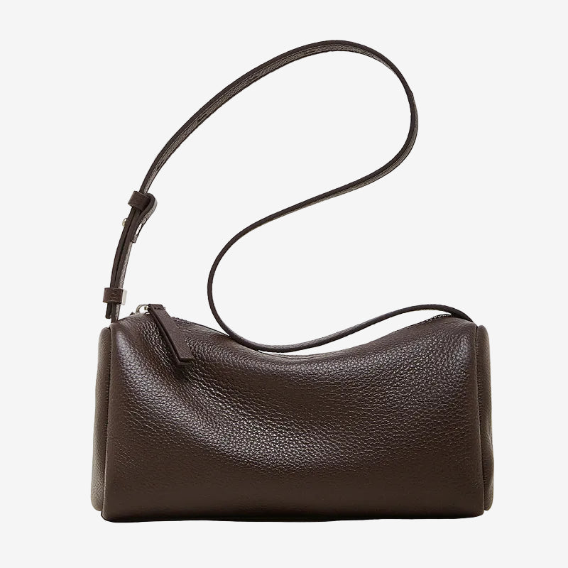 Cuirae brown pebbled genuine leather barrel crossbody bag with adjustable strap, front view on white background
