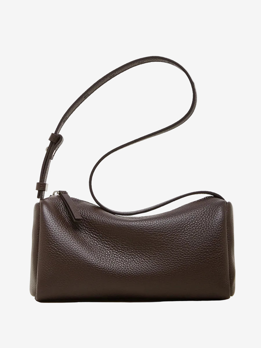 Cuirae brown pebbled genuine leather barrel crossbody bag with adjustable strap, front view on white background
