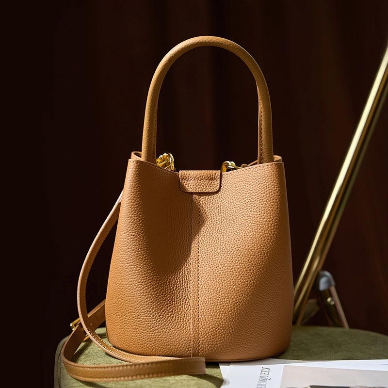 Cuirae Structured Pebbled Leather Bucket Bag with Smart Pockets