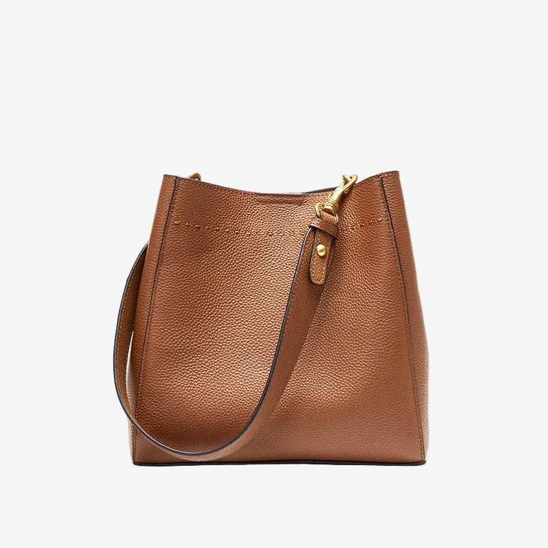 Cuirae brown pebbled genuine leather bucket bag with gold hardware, front view on white background