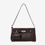 Cuirae brown pebbled genuine leather crossbody bag with detachable coin purse and silver turnlock, front view on white background