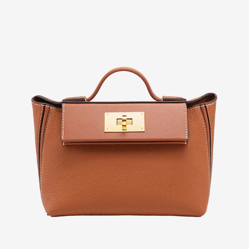 Cuirae brown pebbled genuine leather flap kelly crossbody bag with gold turnlock hardware, front view on white background
