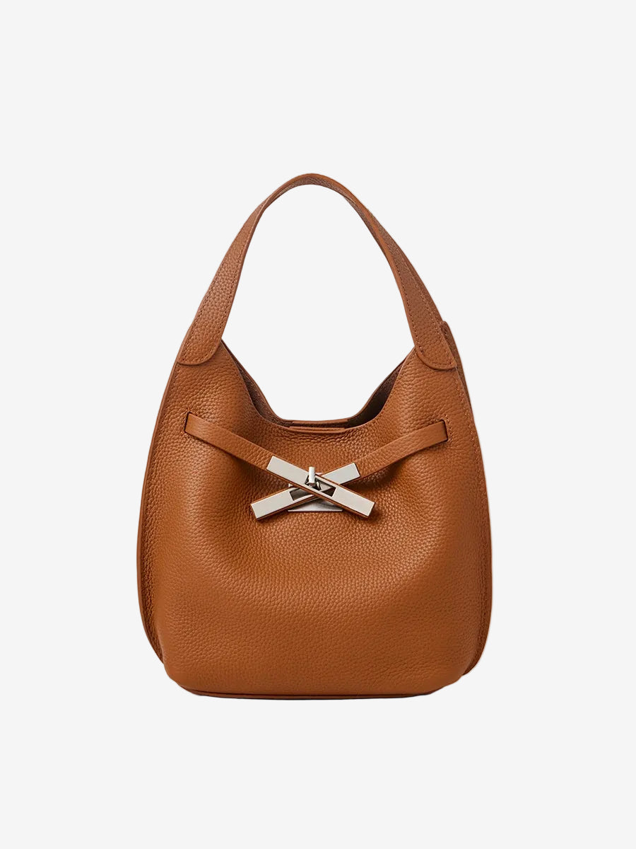 Cuirae brown pebbled genuine leather hobo crossbody bag with silver cross turnlock hardware, front view on white background
