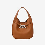 Cuirae brown pebbled genuine leather hobo crossbody bag with silver cross turnlock hardware, front view on white background