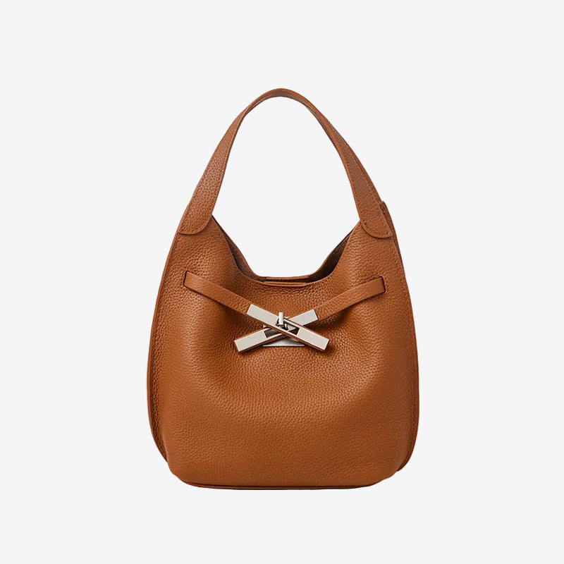 Cuirae brown pebbled genuine leather hobo crossbody bag with silver cross turnlock hardware, front view on white background
