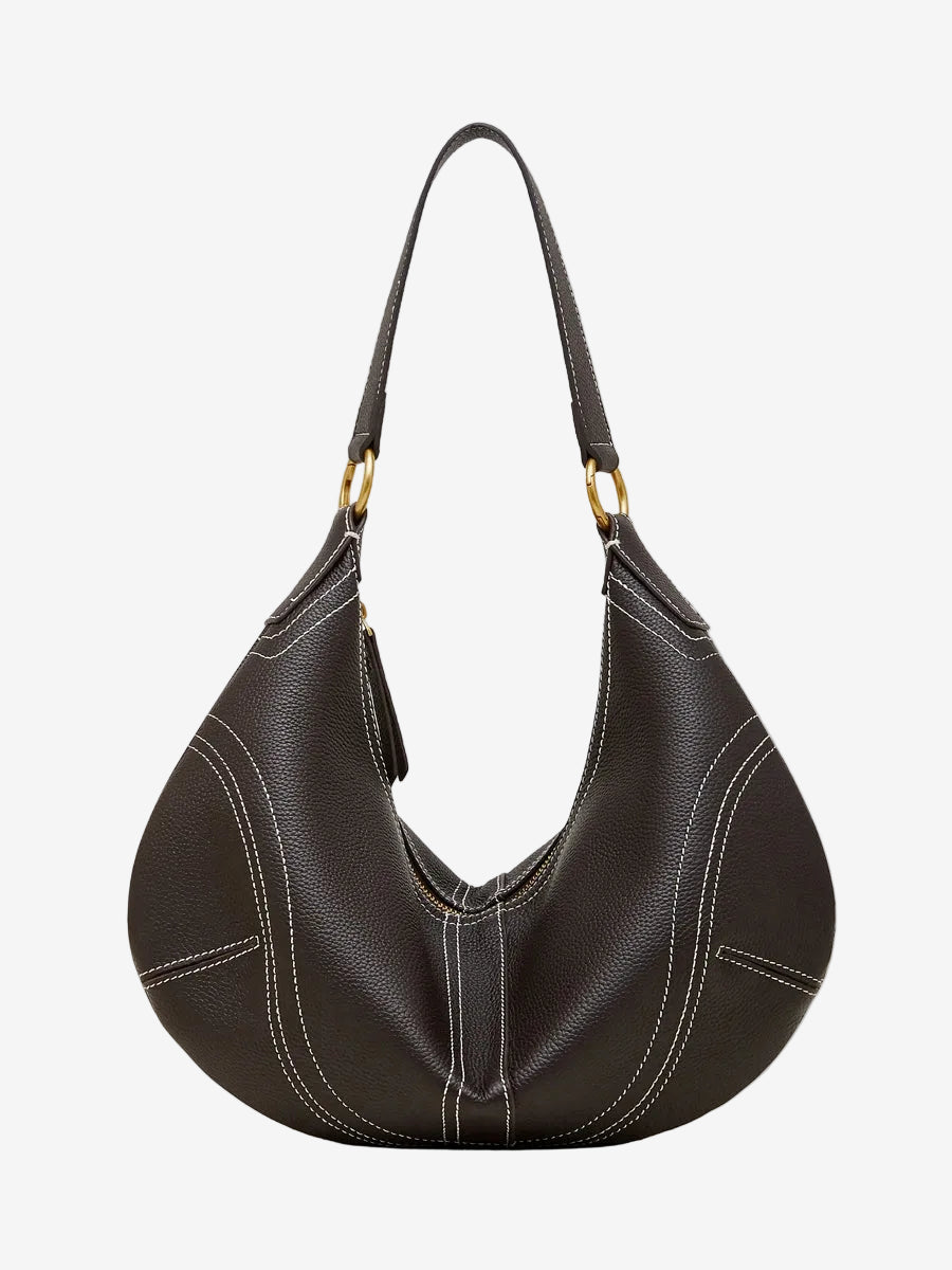 Cuirae  brown genuine leather hobo bag with contrast stitching and zipper closure, front view plain white background

