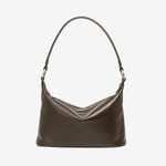 Cuirae chocolate genuine leather hobo shoulder bag for women with silver hardware, front view on plain white background