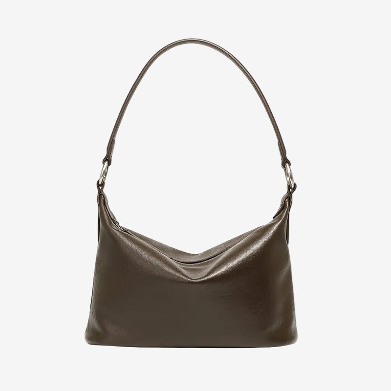 Cuirae chocolate genuine leather hobo shoulder bag for women with silver hardware, front view on plain white background