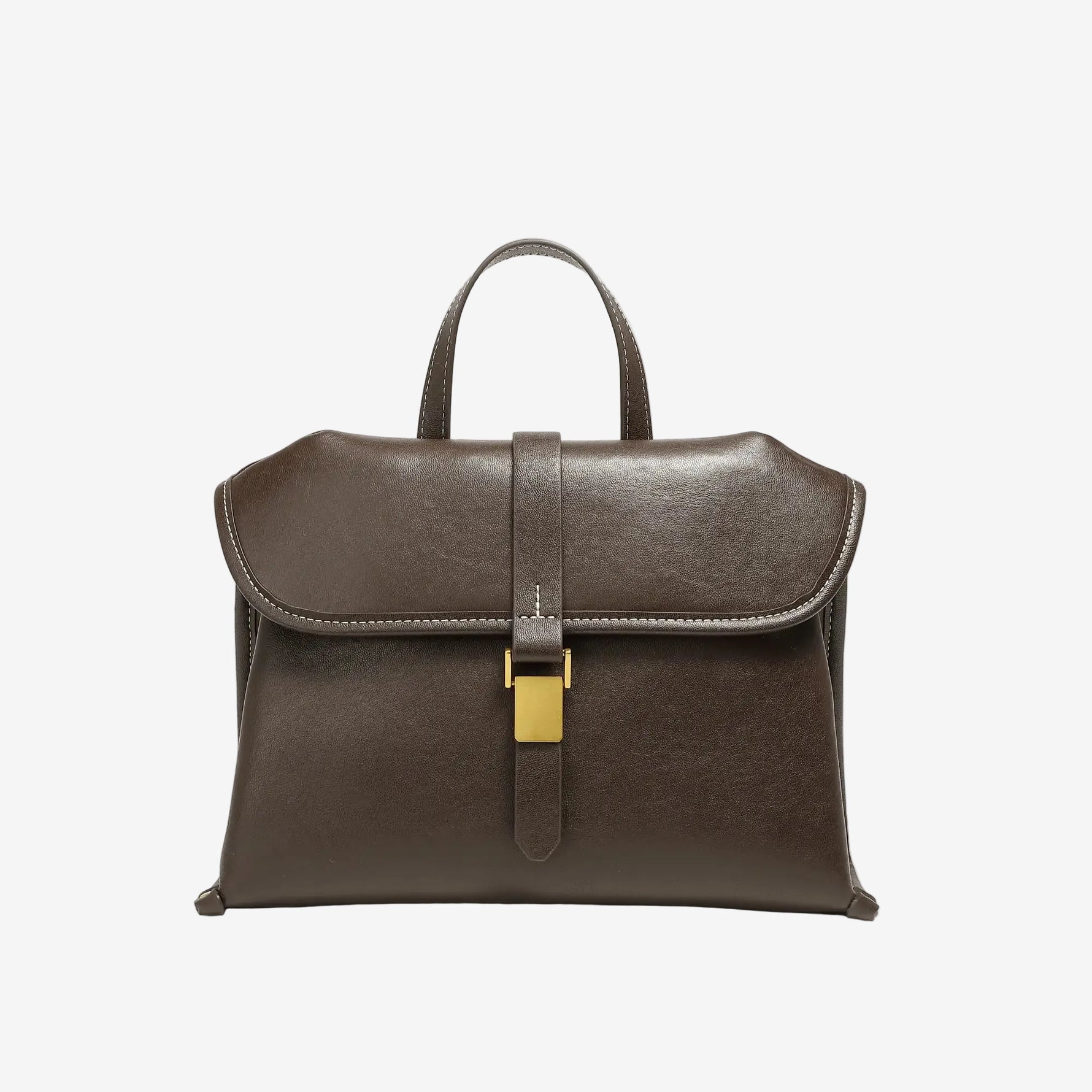 Cuirae coffee genuine leather flap handbag with gold buckle and contrast stitching, front view on white background