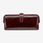 Cuirae coffee glossy genuine leather makeup bag with buckle closure, front view on white background
