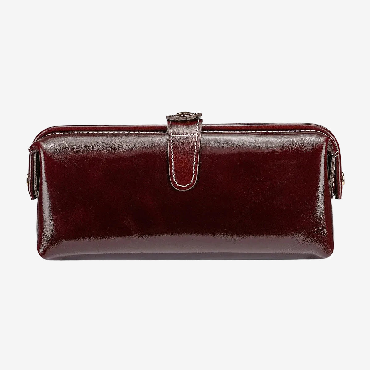 Cuirae coffee glossy genuine leather makeup bag with buckle closure, front view on white background
