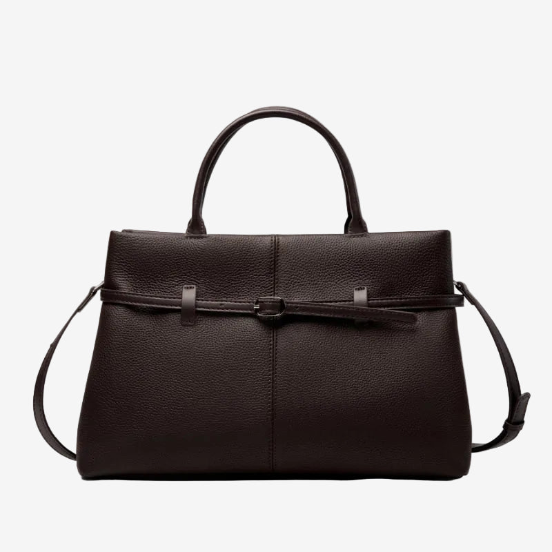 Cuirae coffee pebbled genuine leather handbag with belt buckle detail and silver hardware, front view on white background