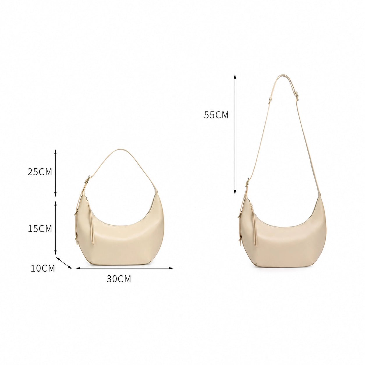 Size guide and strap measurements for the Cuirae genuine leather handbag.