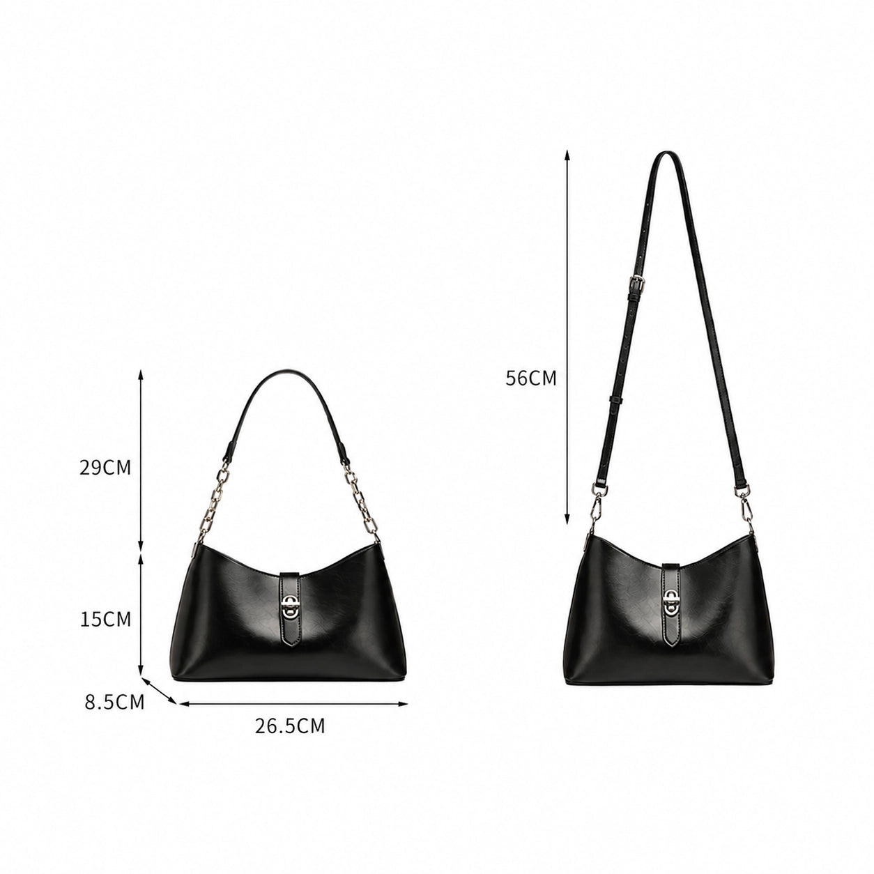 Size guide and strap measurements for the Cuirae top grain cowhide handbag.