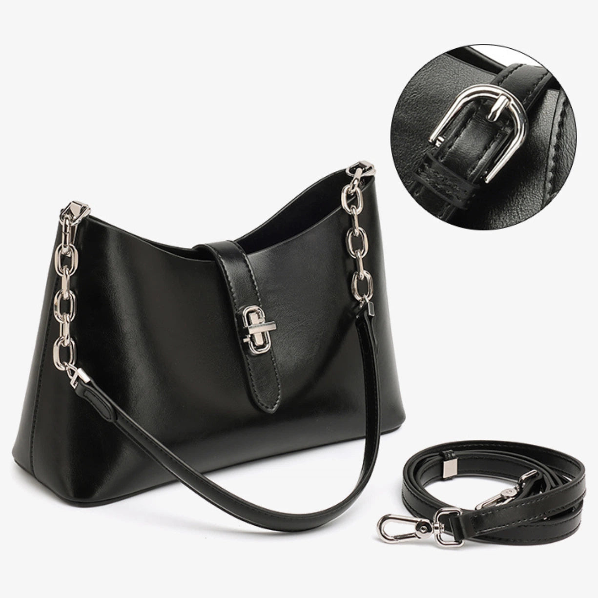 Cuirae black genuine leather shoulder bag featuring a chain strap and a detachable crossbody strap.