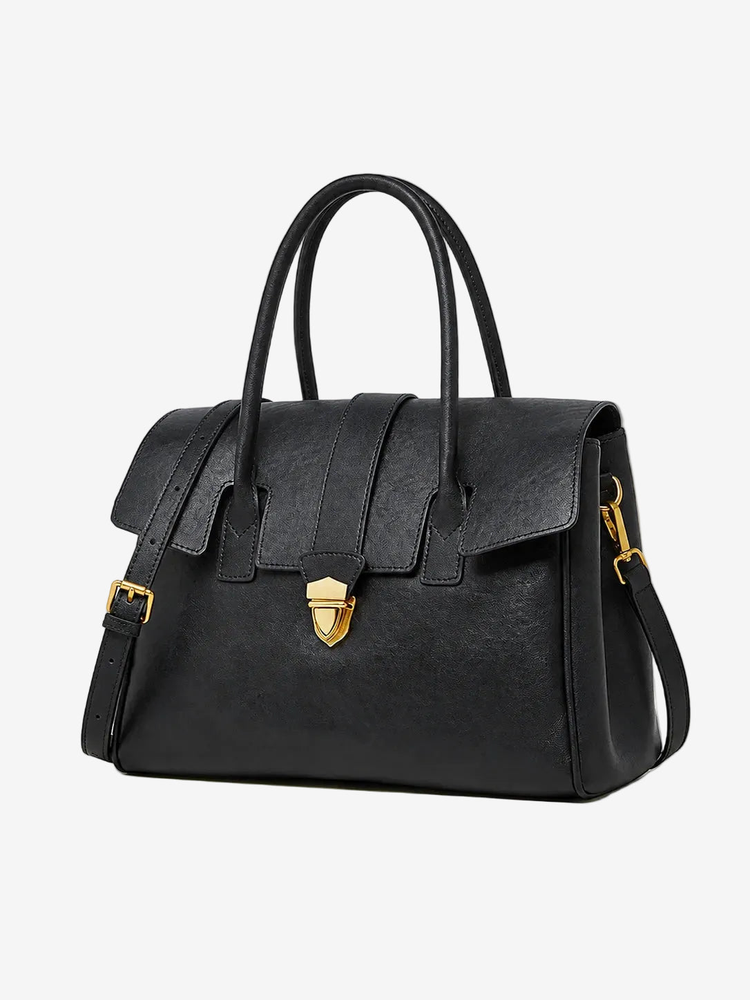 A front view of the Cuirae black genuine leather tote bag standing on a plain background.