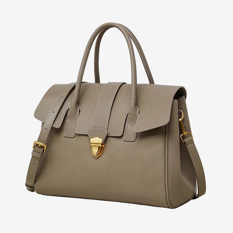 A front view of the Cuirae gry genuine leather tote bag standing on a plain background.