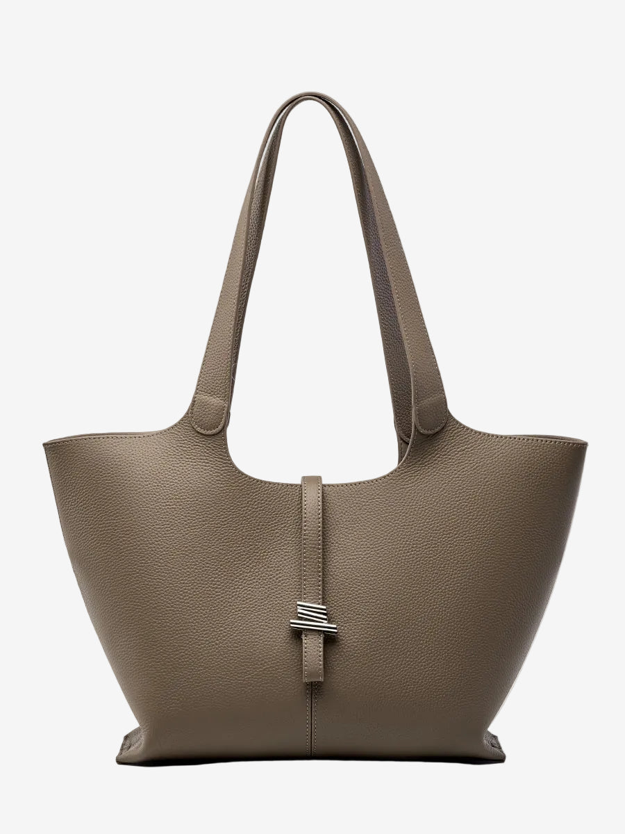 A front view of the Cuirae taupe genuine leather tote bag standing on a plain background.