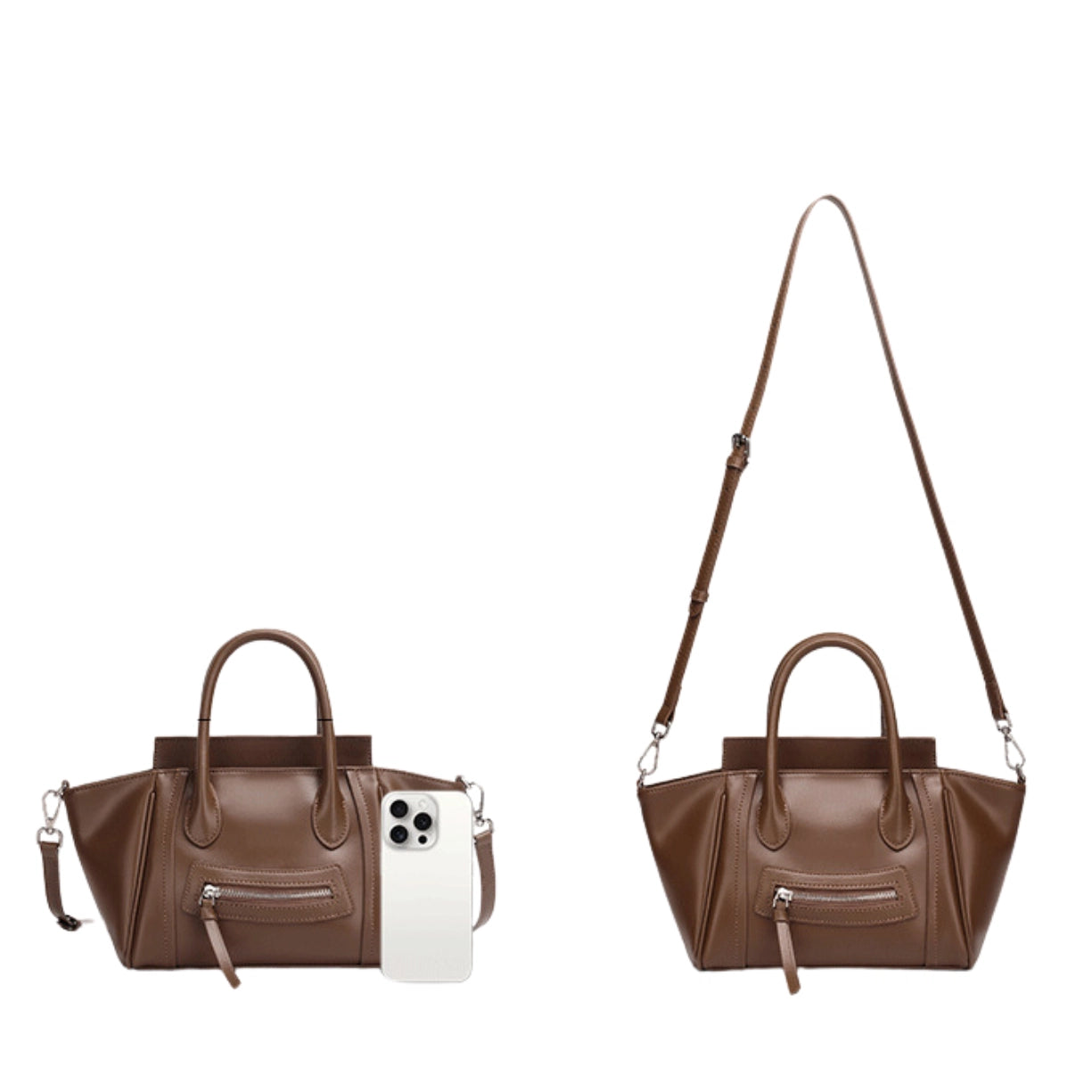 Size guide for the Cuirae genuine leather vintage winged satchel, showing handles and adjustable crossbody strap.