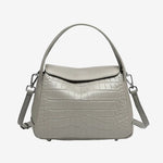 Cuirae gray crocodile embossed genuine leather crossbody bag with flap design and detachable strap, front view on white background