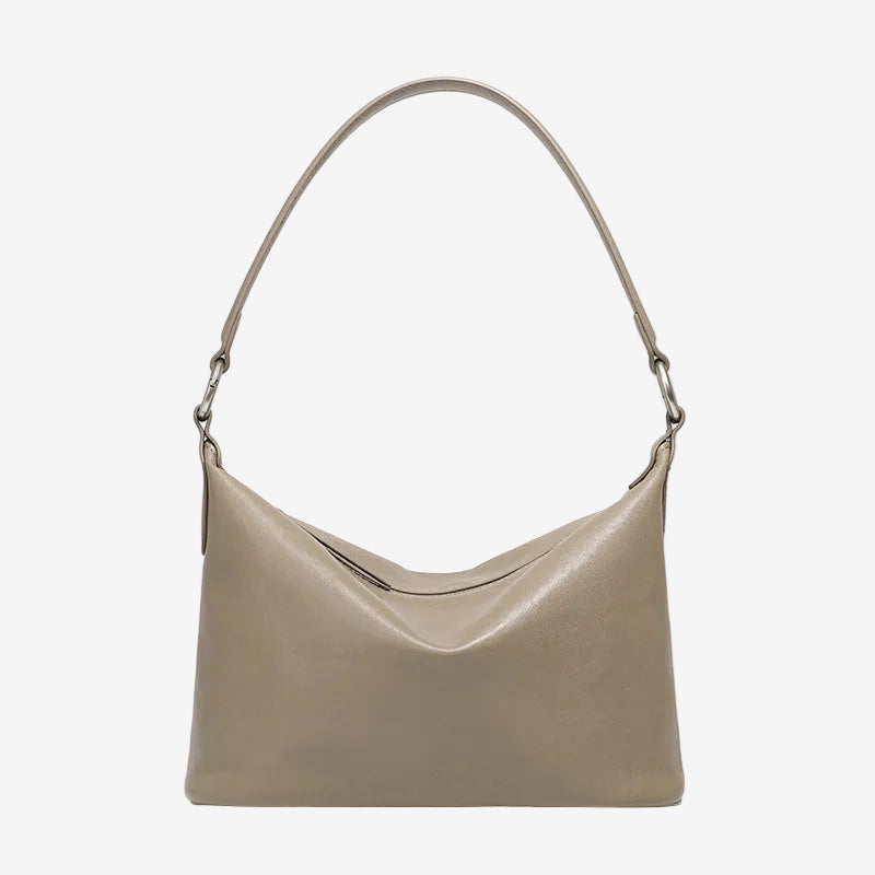 Cuirae gray genuine leather hobo shoulder bag for women with silver hardware, front view on plain white background
