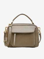 Cuirae  gray genuine leather shoulder bag with front pocket and antique gold hardware, front view