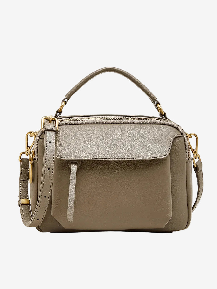 Cuirae  gray genuine leather shoulder bag with front pocket and antique gold hardware, front view