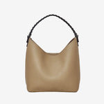 Cuirae gray pebbled genuine leather bucket bag with black braided top handle, front view on white background