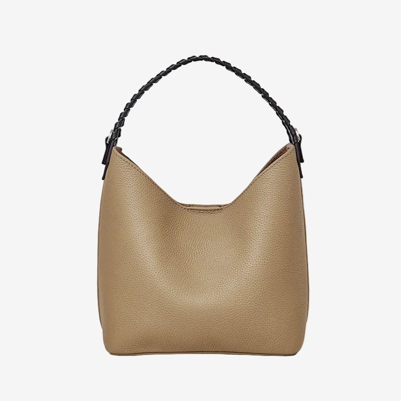 Cuirae gray pebbled genuine leather bucket bag with black braided top handle, front view on white background