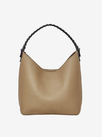 Cuirae gray pebbled genuine leather bucket bag with black braided top handle, front view on white background