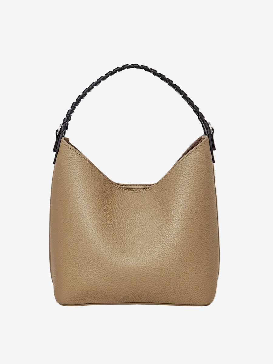 Cuirae gray pebbled genuine leather bucket bag with black braided top handle, front view on white background