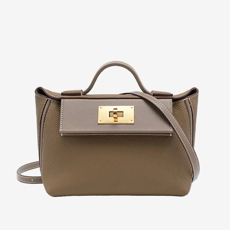 Cuirae gray pebbled genuine leather flap kelly crossbody bag with gold turnlock hardware, front view on white background
