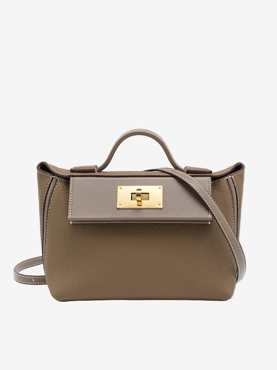 Cuirae gray pebbled genuine leather flap kelly crossbody bag with gold turnlock hardware, front view on white background

