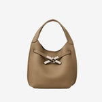 Cuirae gray pebbled genuine leather hobo crossbody bag with silver cross turnlock hardware, front view on white background