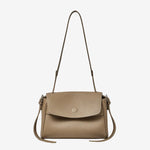 Cuirae gray pebbled top-grain leather flap shoulder and crossbody bag, front view