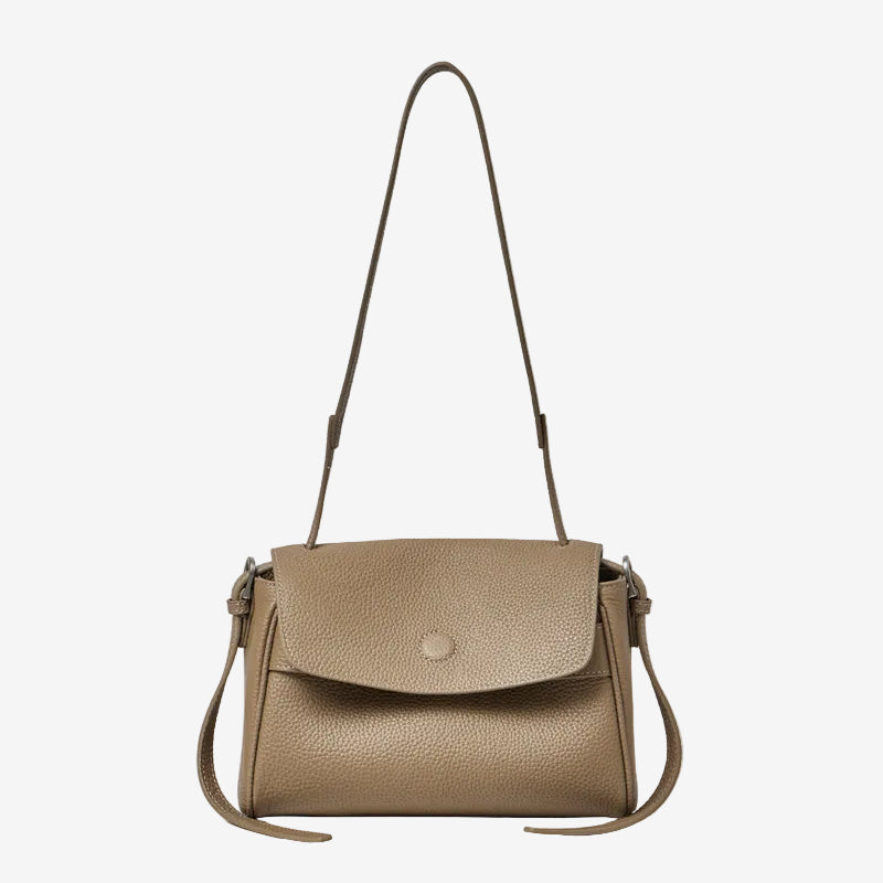 Cuirae gray pebbled top-grain leather flap shoulder and crossbody bag, front view