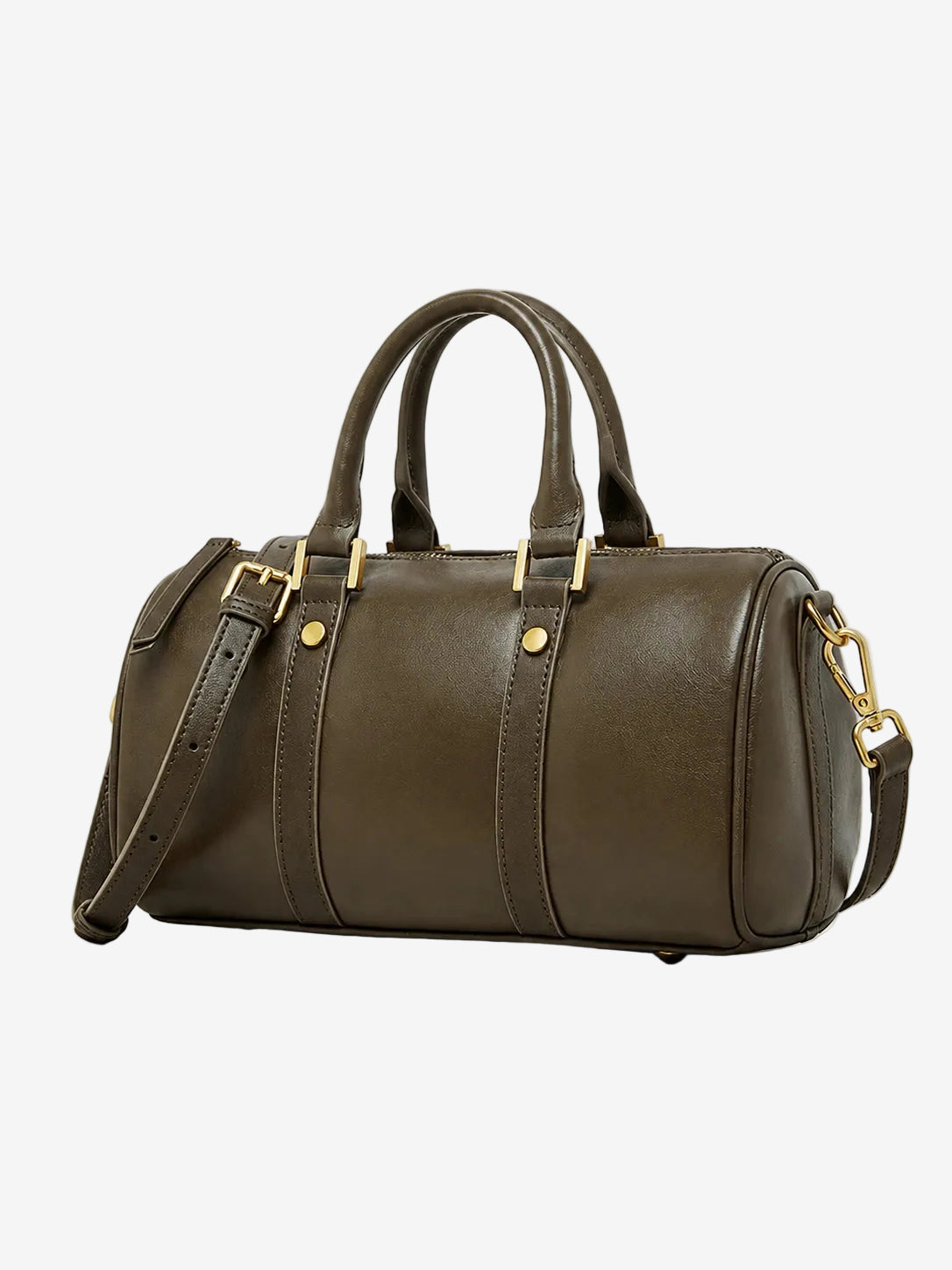 Cuirae green genuine leather barrel crossbody bag with gold hardware and detachable strap, side view on white background