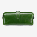 Cuirae green glossy genuine leather makeup bag with buckle closure, front view on white background